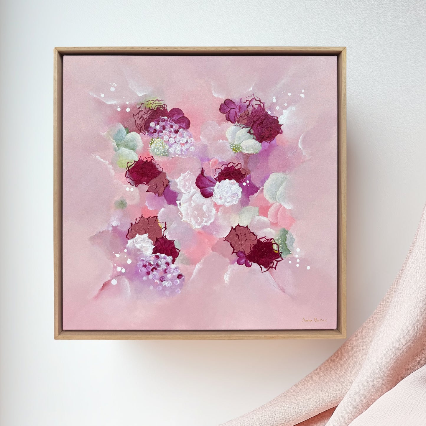 Floral abstract art by Inna Barac with gentle pinks and magenta and lilac colors and intricate textured flowers