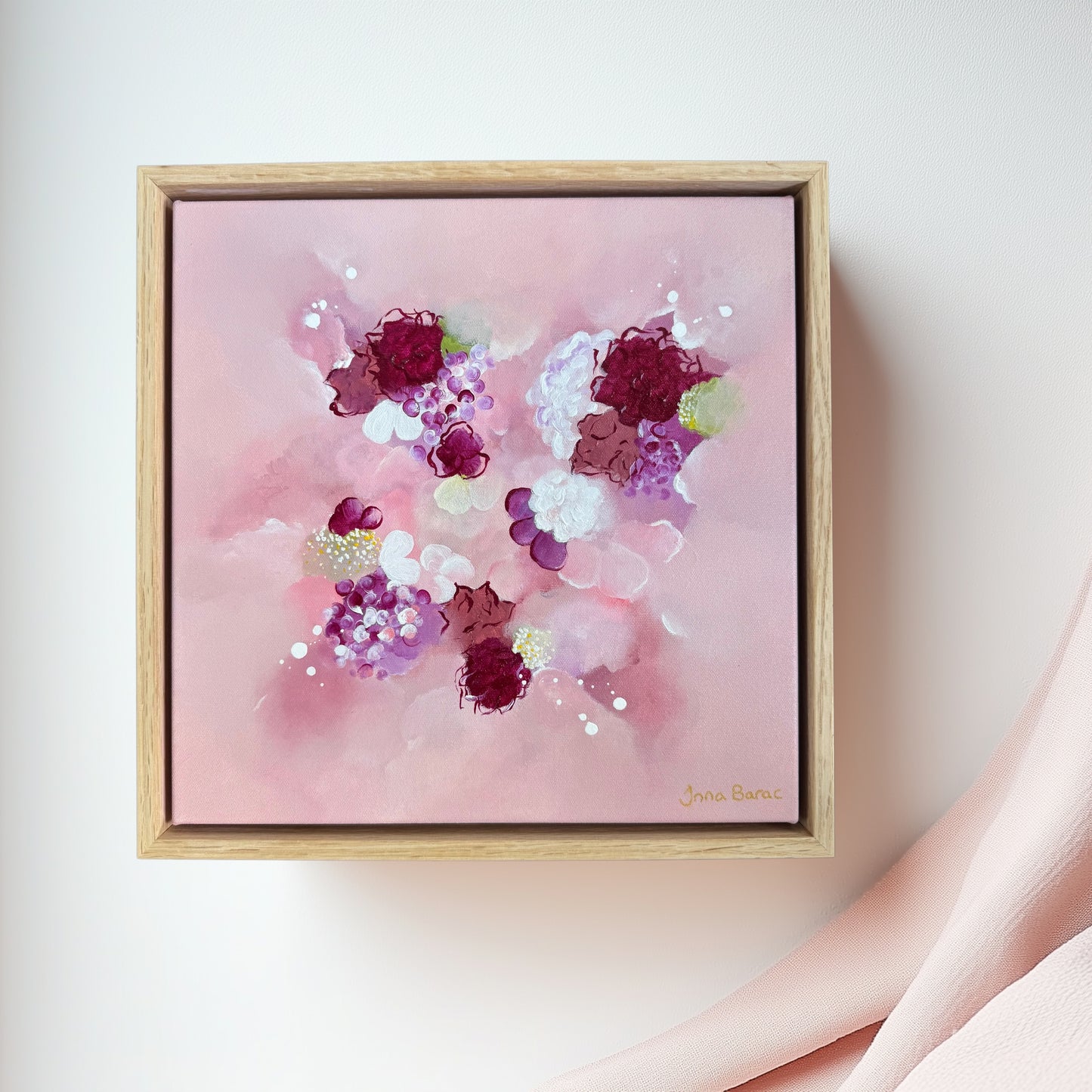 Floral abstract art by Inna Barac with gentle pinks magenta colors and intricate textured flowers