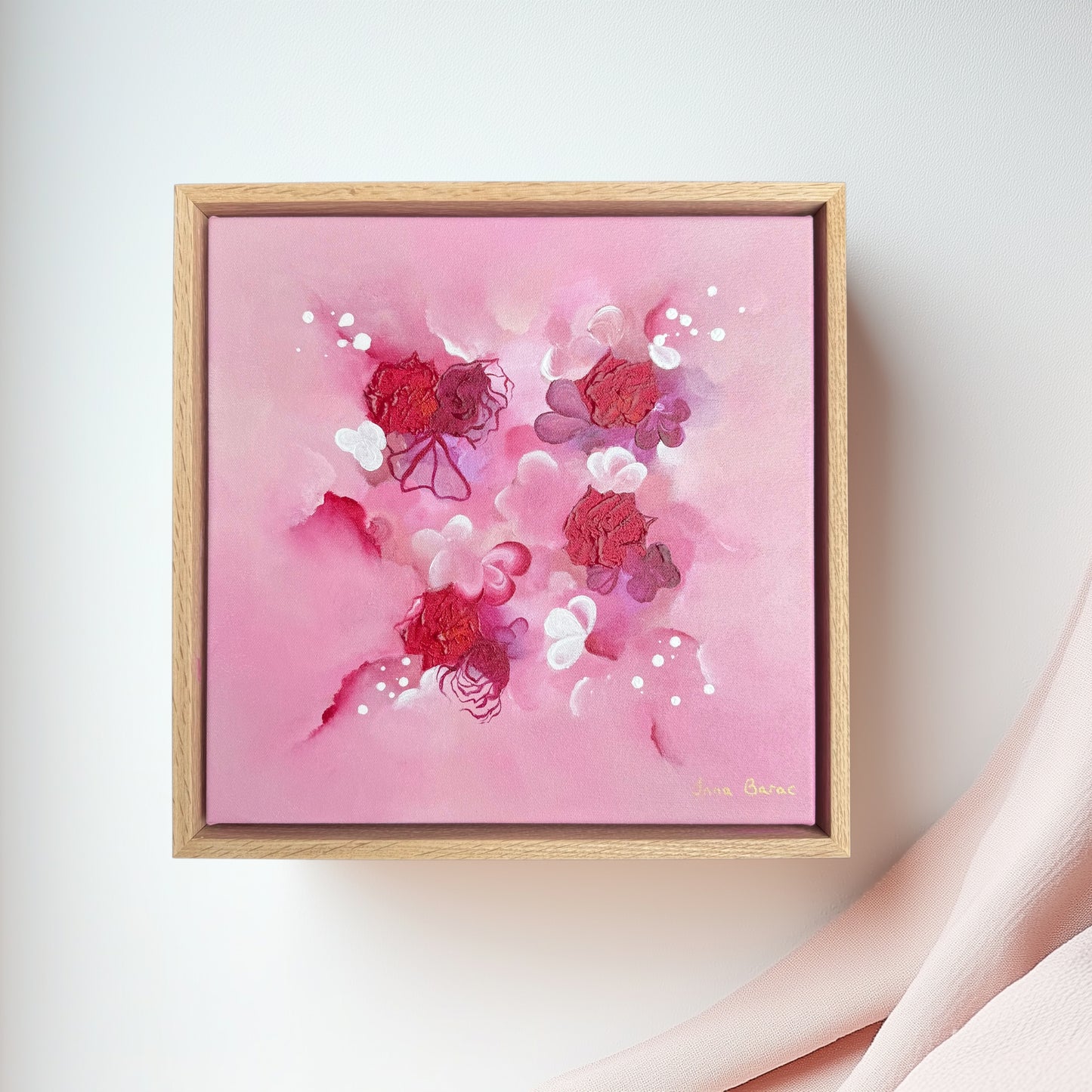 Floral abstract art by Inna Barac with bright pinks and magenta colors and intricate textured flowers