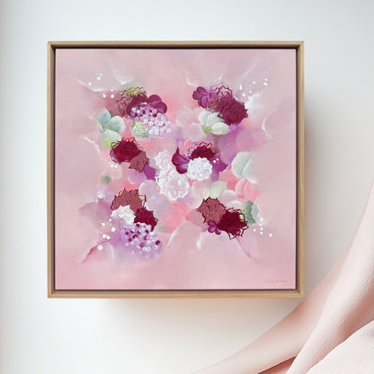 Floral abstract art by Inna Barac with gentle pinks and magenta and lilac colors and intricate textured  flowers