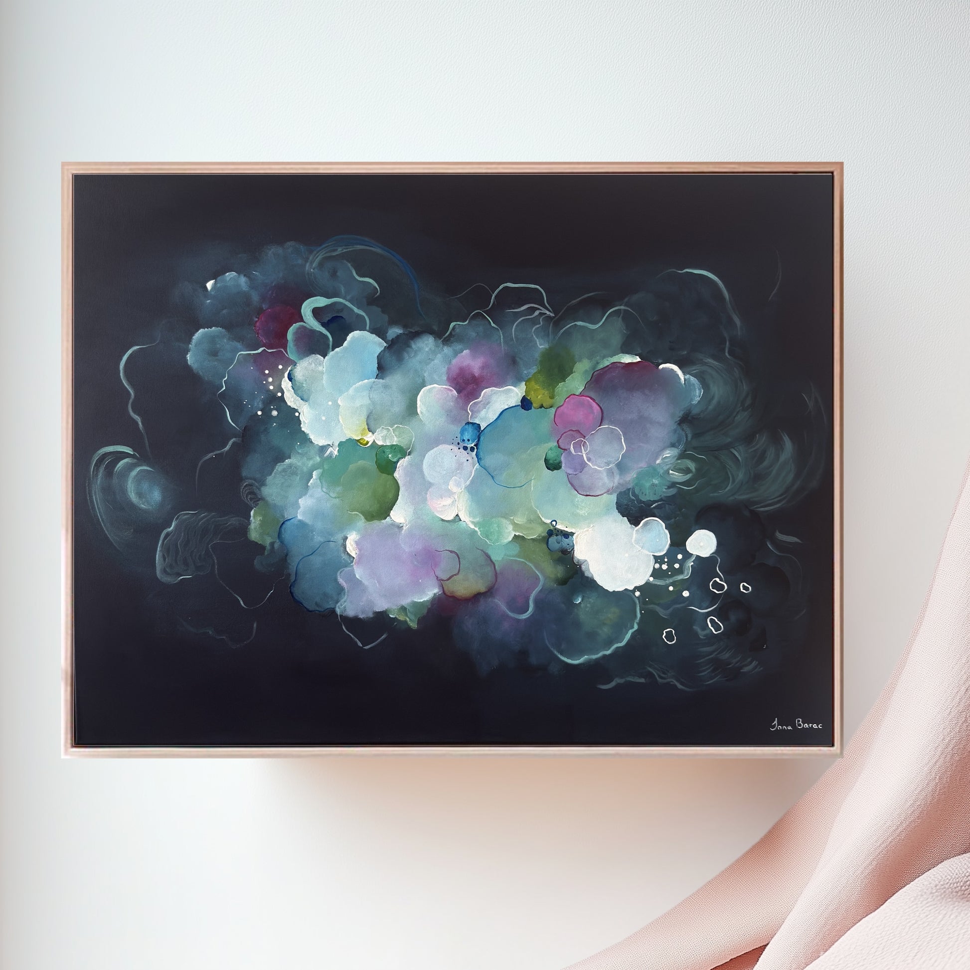 Navy abstract art, floral, greens 