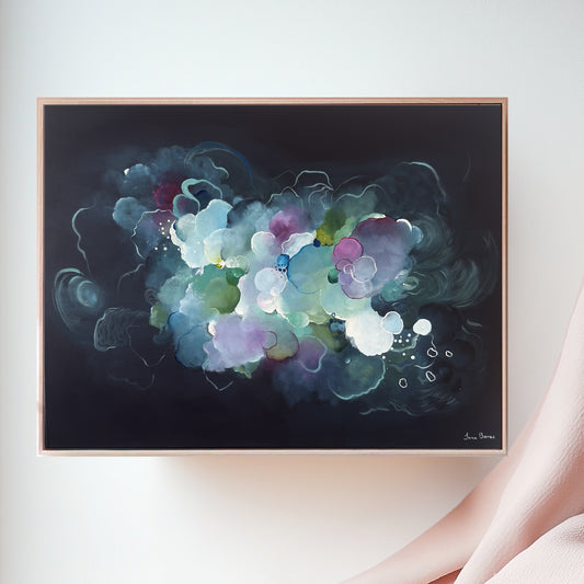 Navy abstract art, floral, greens 