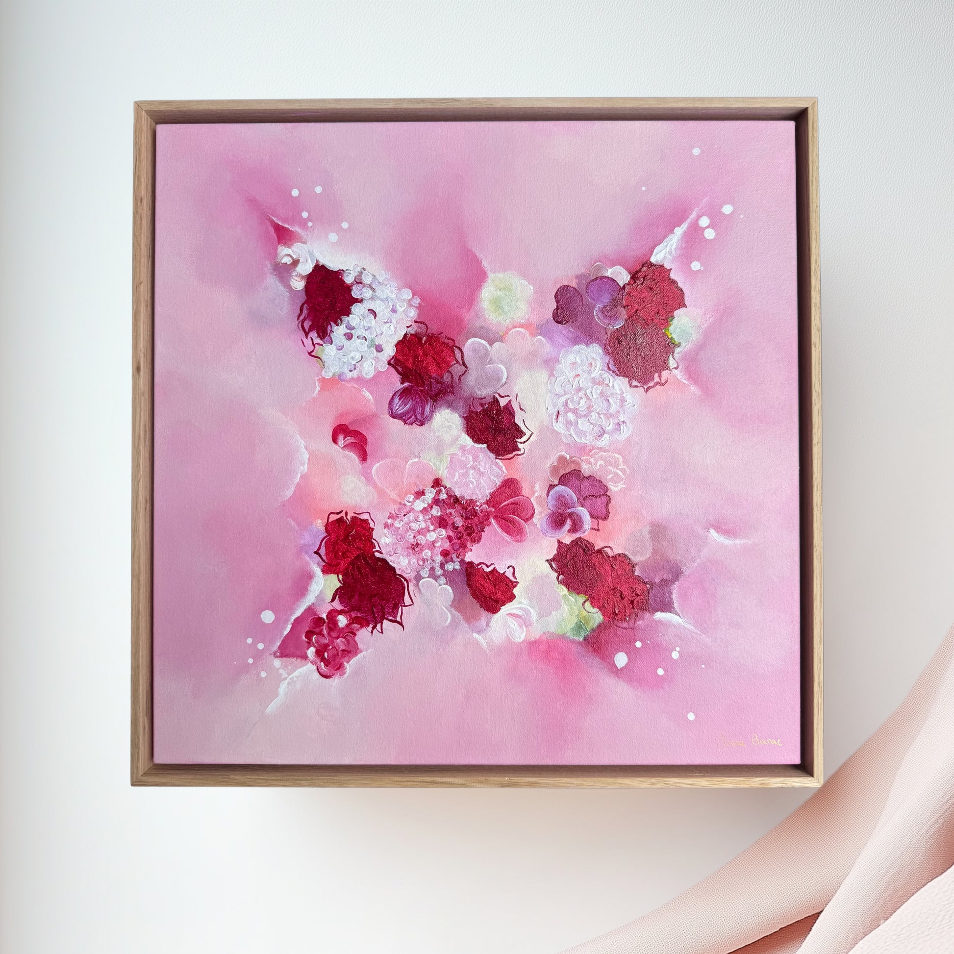 Floral abstract art by Inna Barac with  pinks, reds and magenta colors and intricate textured flowers